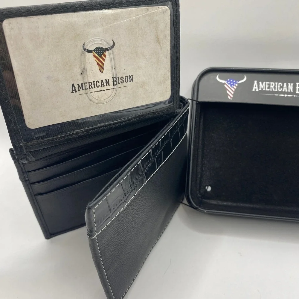 American Bison Flip IDs Bifold Wallet Men Black Leather Western Rodeo Cowboy NIB